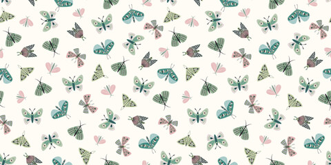 Abstract floral seamless pattern with butterflies and moths. Modern exotic design for paper, cover, fabric, interior decor and other.