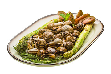Escargot with asparagus, rosemary, thymus and tomato