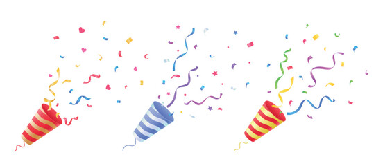 Flappers with colorful pieces of confetti and serpentine ribbons. Festive explosion, fireworks on  white background.