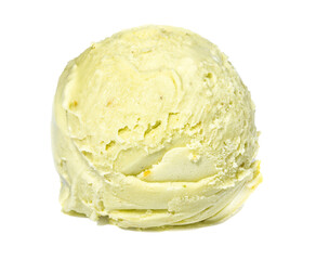 Scoop of pistachio ice cream from top on white background
