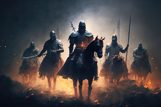 Battle of knights in armor on the battlefield, the struggle of good against evil. Knights riders galloping on horses. Sparks and flames, portraits of warriors. 3d render