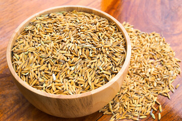 Paddy seed in wood bowl on old wooden table background