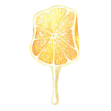 Squeezed lemon with juice flowing from it. Watercolor illustration. Isolated on a white background. For your design recipes, kitchen utensils, product packaging with citrus acid or scent