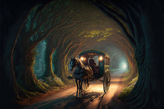 Generative AI : vintage hansom cab passing through the Halnaker tree tunnel	
