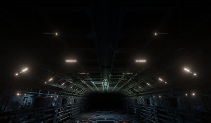 Fototapeta na wymiar Great hall laboratory underground in dark scene 3D rendering sci-fi interior wallpaper backgrounds