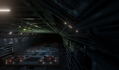Side view great hall laboratory in dark scene 3D rendering sci-fi interior wallpaper backgrounds © mapichai