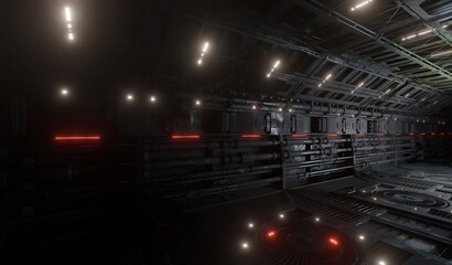 Sci-fi interior great hall industrial in dark scene 3D rendering architected wallpaper backgrounds © mapichai