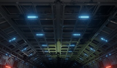 Sci-fi interior laboratory with lighting ceiling in dark scene 3D rendering industrial wallpaper backgrounds