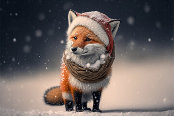 Coussins décoratifs Little tiny fox dressed up as Santa Claus on snowing