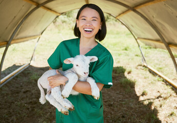 Portrait, vet and animal on farm for livestock inspection, animal care and environment check up in...