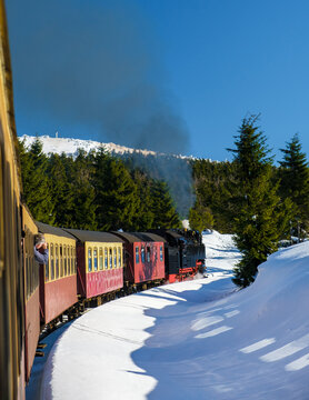Steam train during winter in the snow in the Harz national park Germany,train Brocken Bahn on the way through the winter landscape, Brocken, Harz Germany