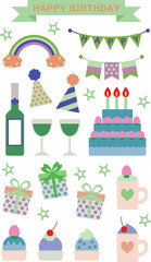誕生日に使えるケーキ、プレゼント、装飾のイラスト・アイコン集