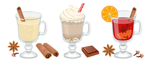 Winter drinks isolated on a white. Mulled wine, hot chocolate, eggnog. Vector drinks ingredients set. Winter alcoholic cocktail with dry cloves, cinnamon sticks, anise star. Classic winter drink.