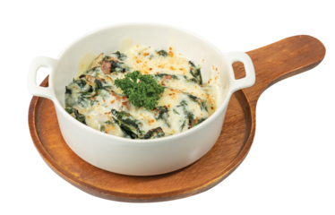 Png Baked Spinach with Cheese in white plate on wooden table
