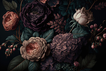 Fototapeta na wymiar Beautiful bouquet with roses on a dark background. AI 