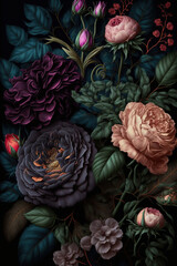 Beautiful bouquet with roses on a dark background. AI
