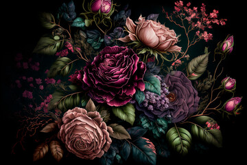 Beautiful bouquet with roses on a dark background. AI

