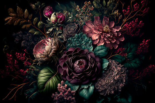 Premium AI Image  Black flowers background Dark graphite floral