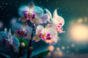 Fototapeta na wymiar Beautiful orchids, abstract floral design for prints, postcards or wallpaper. AI