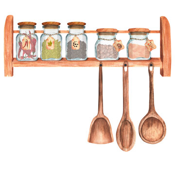 watercolor spice rack with jars and wooden spoons clip art preview