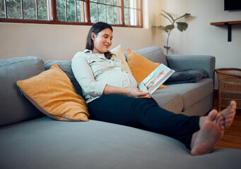 Pregnancy, reading and woman with a book on the sofa for her baby, relax and peace in the living...