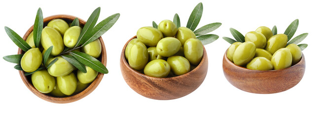 Wooden bowls with green olives and leaves collection, isolated on white background