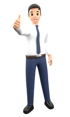 3D illustration business man do the gesture with a smile and happy emotion in cartoon style. Businessman with success pose action with positive thinking on a blank background.