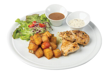 Png Grilled chicken steak with crispy skin and simple salad.	