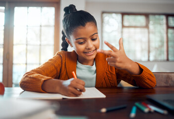 Home, math and child with numbers on hands for education, learning and knowledge at living room table on notebook and stationery. Hand calculation and girl or student at desk writing notes for class