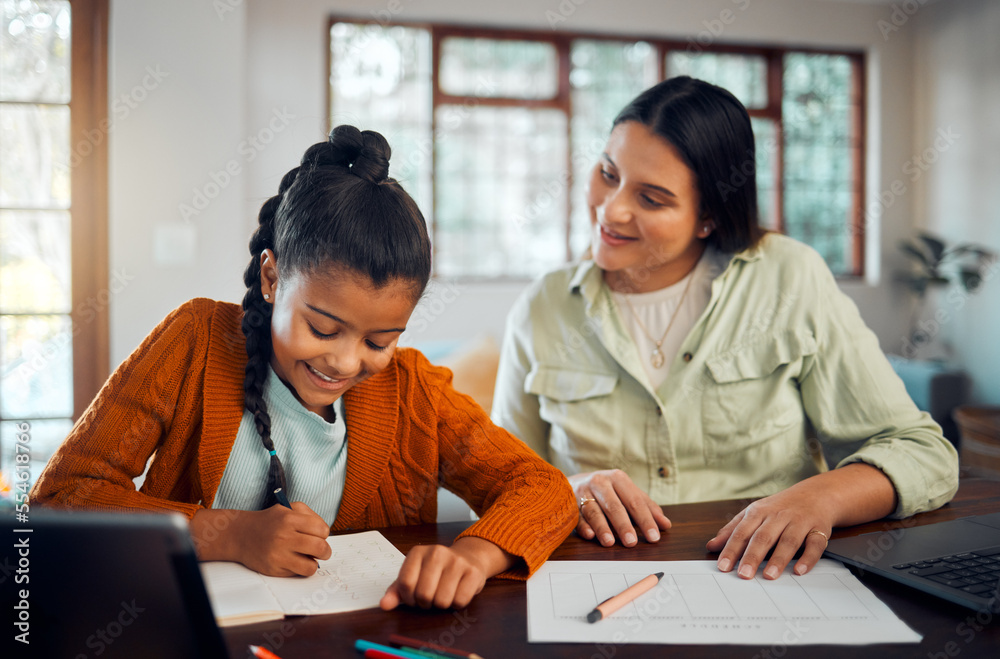Aufkleber math, education and girl with mother learning multiplication in home. home school, homework and mom 