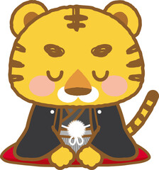 イラスト素材: 着物を着たかわいい寅シリーズ　主線あり　正座でお辞儀をする紋付き袴の男の子(透過背景)
