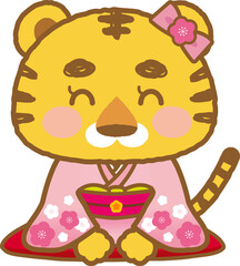 イラスト素材: 着物を着たかわいい寅シリーズ　主線あり　正座でお辞儀をする振袖姿の女の子(透過背景)
