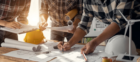 Engineer Teamwork Meeting, Drawing working on blueprint meeting for project working with partner on model building at company office. Asian industry professional team.