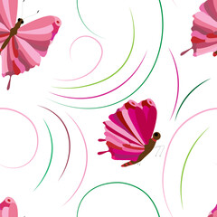 seamless background with beautiful pink butterflies on a white background	