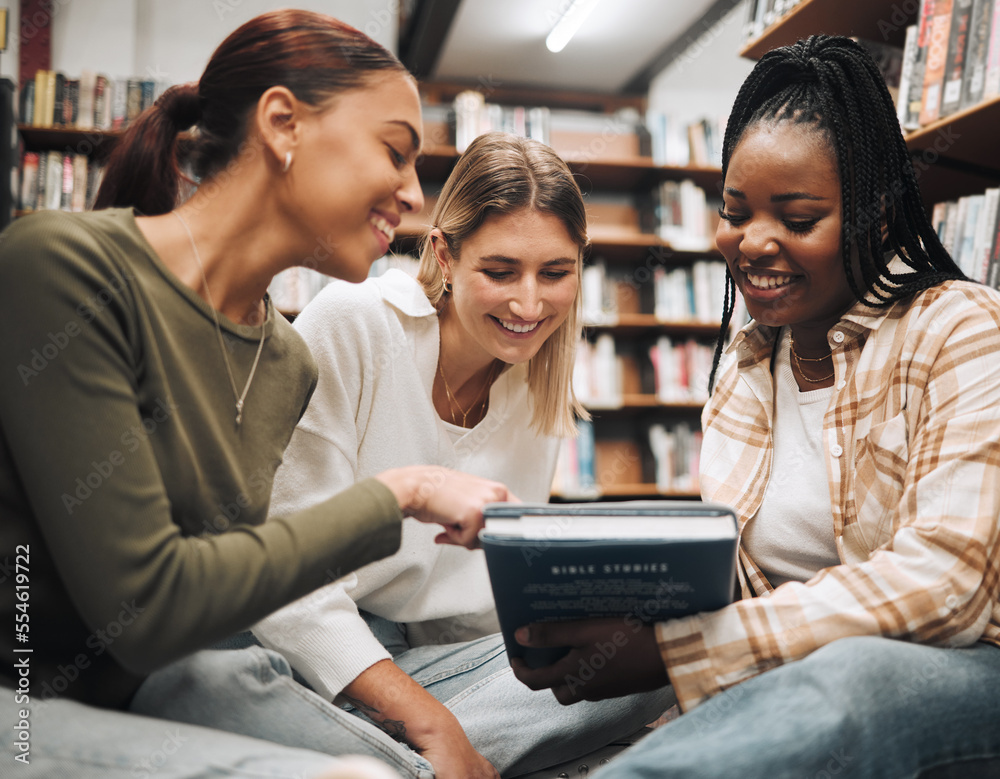 Wall mural student, friends and book in school library for education, learning or knowledge together at univers