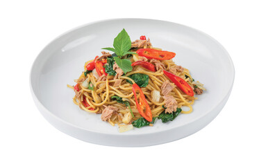 Png Spaghetti with Tuna, Parsley and pepper on a white plate
