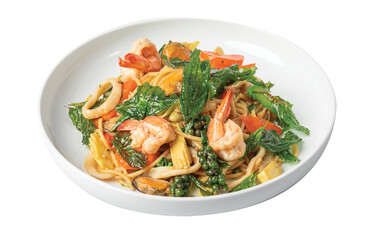 Png Stir-fried Spicy Spaghetti Seafood Thai Style (Spaghetti Pad Kee Mao) on White Dish, Isolated on White Background