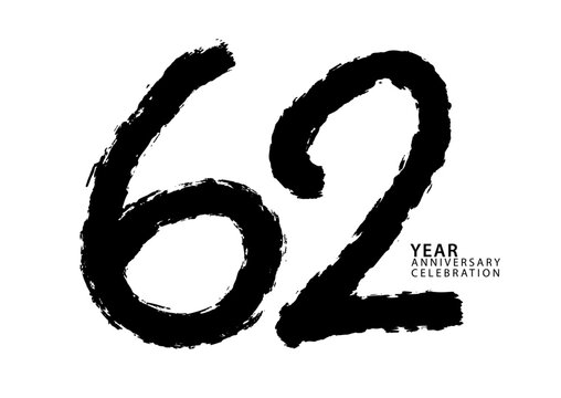 62 year anniversary celebration black color logotype vector, 62 number design, 62th Birthday invitation, logo number design vector illustration, black brushstroke illustration