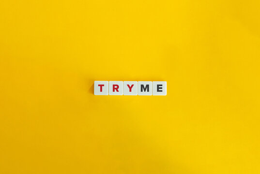 Try Me. Block Letter Tiles on Yellow Background. Minimal Aesthetics.