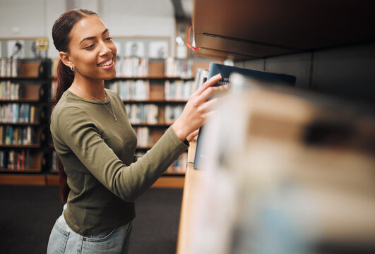 Student search bookshelf for books in library for education, knowledge and learning about history, philosophy and language study. Happy woman with book for reading, studying and project research