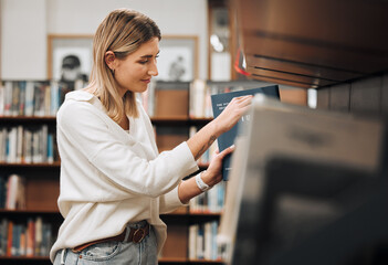 Bookshelf, search and woman at library for free learning, knowledge and education with studying,...