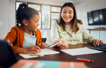 Education, home school and homework with a student girl and mother learning at a table in their...