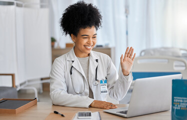 Laptop, video call and doctor consulting from office with online expert for advice, help and...