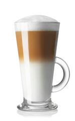 latte macchiato with milk foam in cup isolated on white