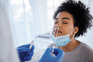 Covid, health and medical test with black woman, nasal swab and doctor with patient, healthcare and...