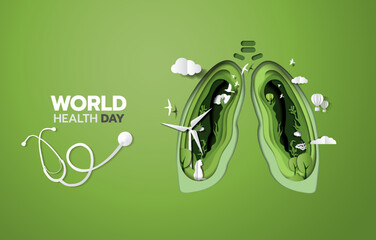 April 7 is World Health Day. Lung, stethoscope, cloud, tree, oxygen, air illustration. Paper cutout illustration vector