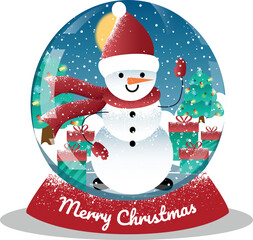 Vector illustration Statuette of glass ball with snow and snowman fir-trees for Christmas and New Year gift