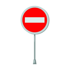 Road sign on metal pole vector illustration. red round sign with white outline, brick, no entry isolated on white background. Traffic, direction or destination concept - obrazy, fototapety, plakaty