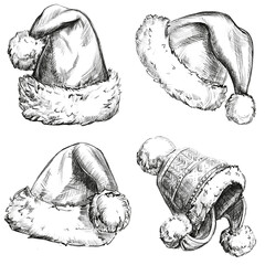 hand drawn illustration of a pencil Santa hat set. Black and white