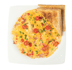 Png omelette stuffed with vegetables and bacon on white plate isolated on white background, top view